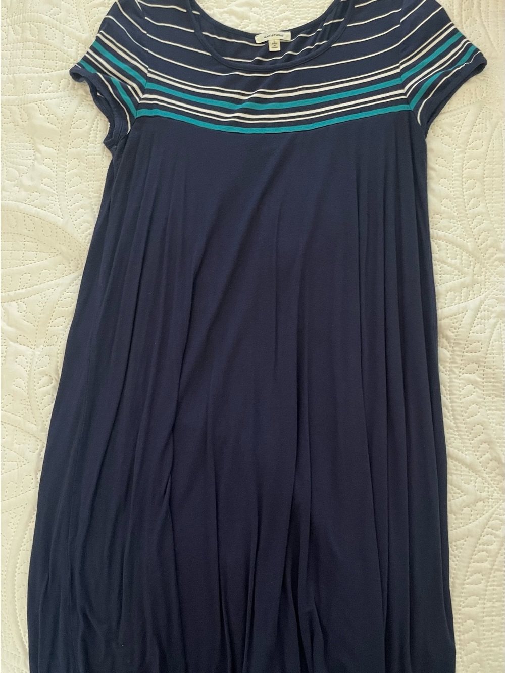 Max Studio Navy Midi Dress with Teal and White Striped Yoke